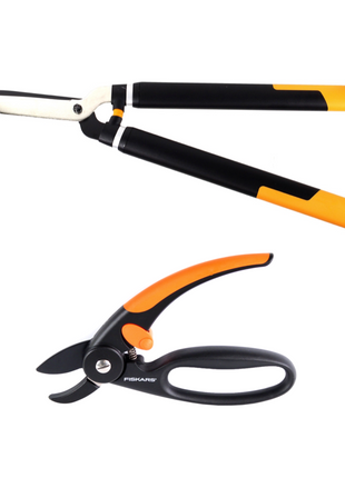 Fiskars Set 1x Teleskop Heckenschere HS86 68 cm auf 93 cm + 1x P43 Amboss Gartenschere Fingerloop - Toolbrothers