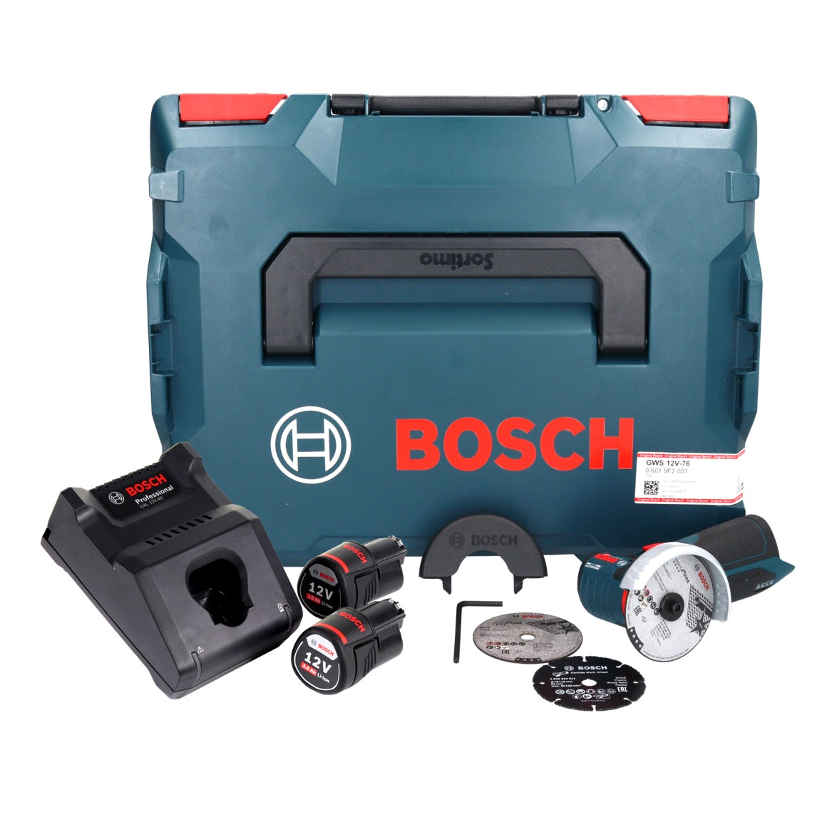 Bosch GWS 12V-76 Professional Akku Winkelschleifer 12 V 76 mm Brushless ( 06019F200B ) + 2x Akku 3,0 Ah + Ladegerät + L-Boxx