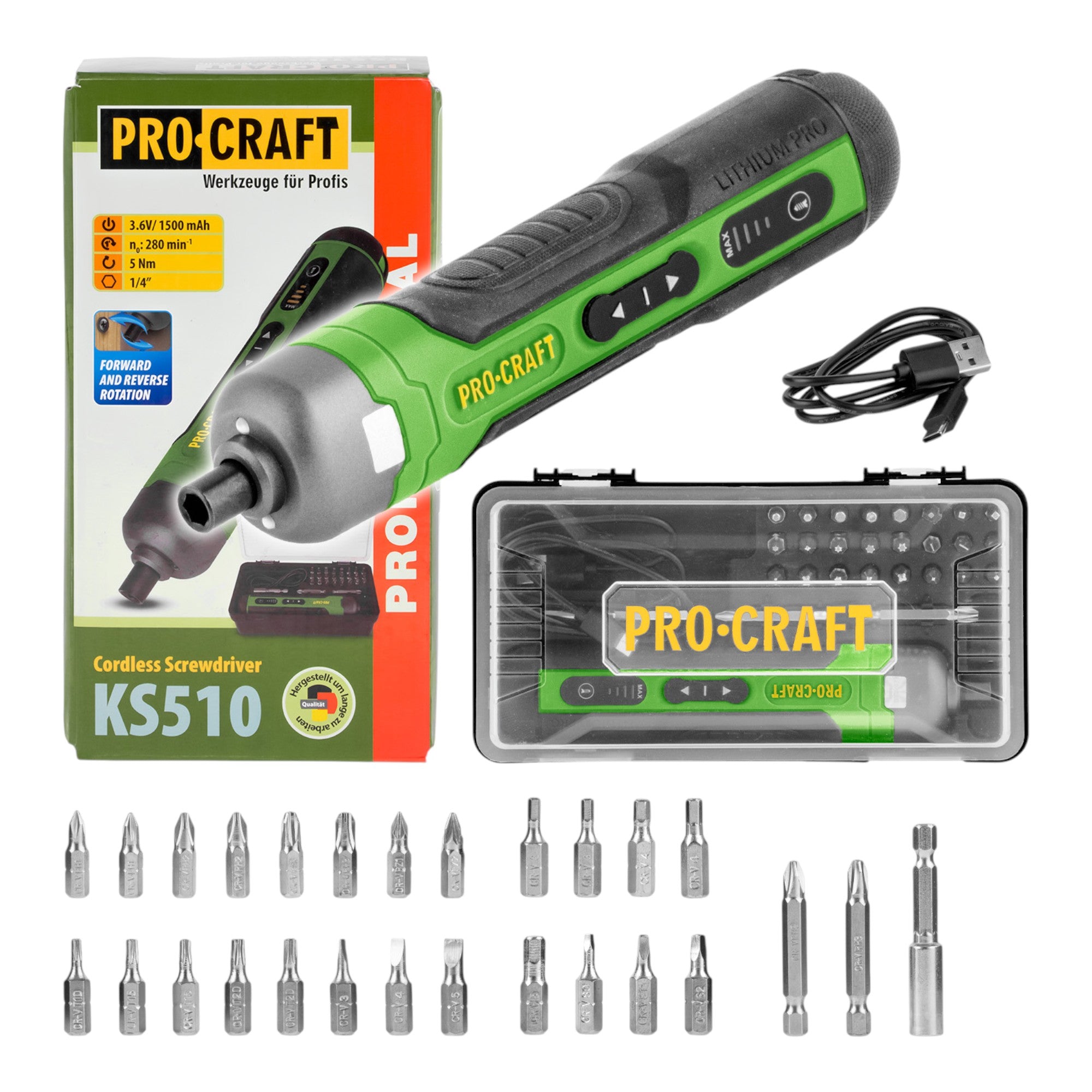 Procraft KS510 Akku Schraubendreher 3 6 V 10 Nm Integrierter Akku 1 5 Ah 27 tlg Bit Set Koffer 0 - toolbrothers