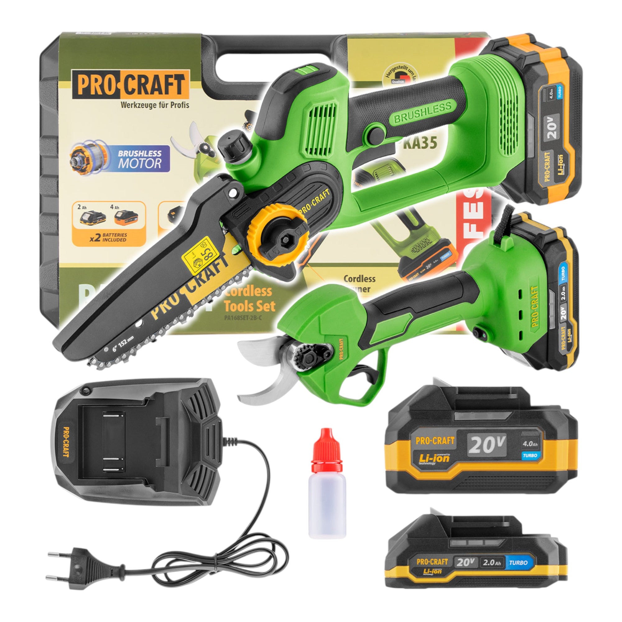 Procraft PA168SET Akku Gartengeraete Set 20 V PKA35Li Akku Mini Kettensaege ES25Li Akku Astschere 2x Akku 2 0 4 0 Ah Ladegeraet Koffer 0 - toolbrothers