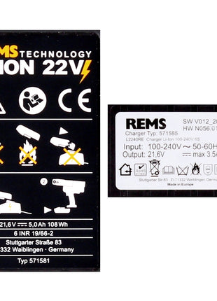 REMS Akku Set Power Pack 21,6V (22V max) mit 2x Akku 5,0Ah + Ladegerät 90W ( 571591 ) - Toolbrothers