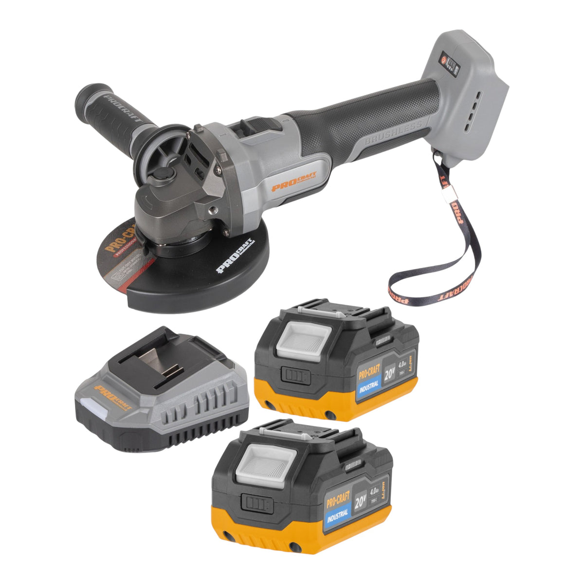 Procraft Industrial AG125Abb Akku Winkelschleifer 20 V 125 mm Brushless + 2x Akku 4,0 Ah + Ladegerät