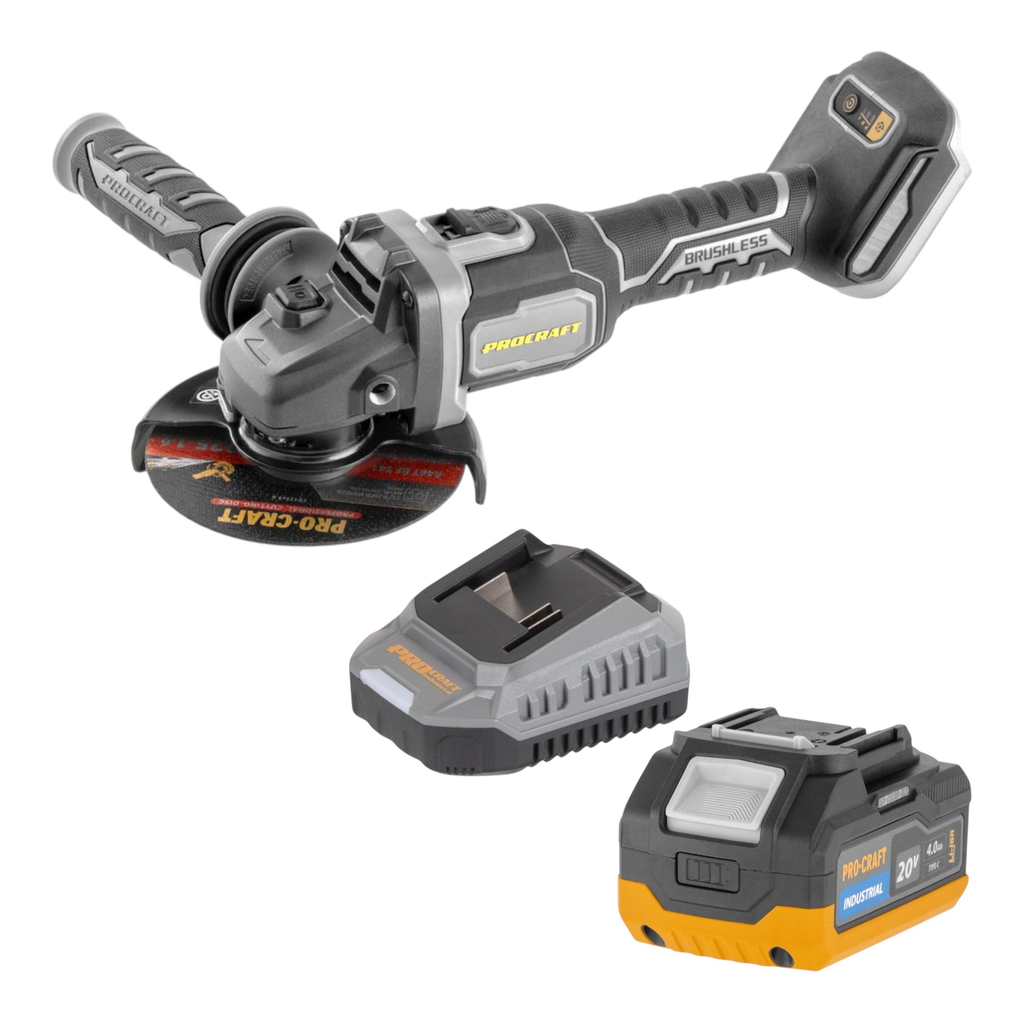Procraft Industrial AG125Bbb Akku Winkelschleifer 20 V 125 mm Brushless 1x Akku 4 0 Ah Ladegeraet 0 - toolbrothers