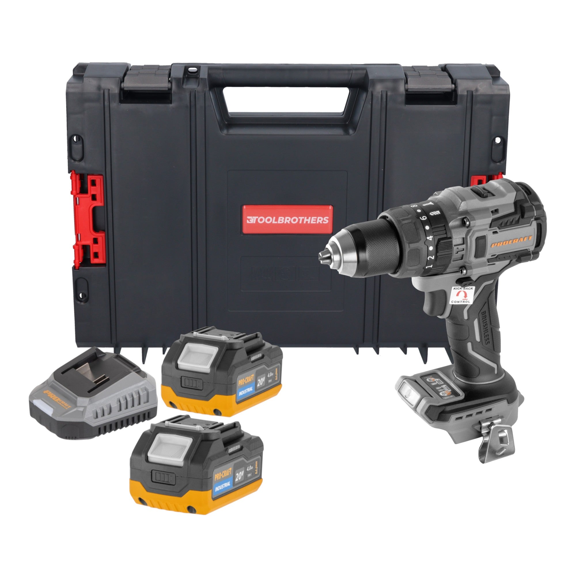 Procraft Industrial CD20B BB Akku Schlagbohrschrauber 20 V 150 Nm Brushless 2x Akku 4 0 Ah Ladegeraet RHINO Toolcase 0 - toolbrothers