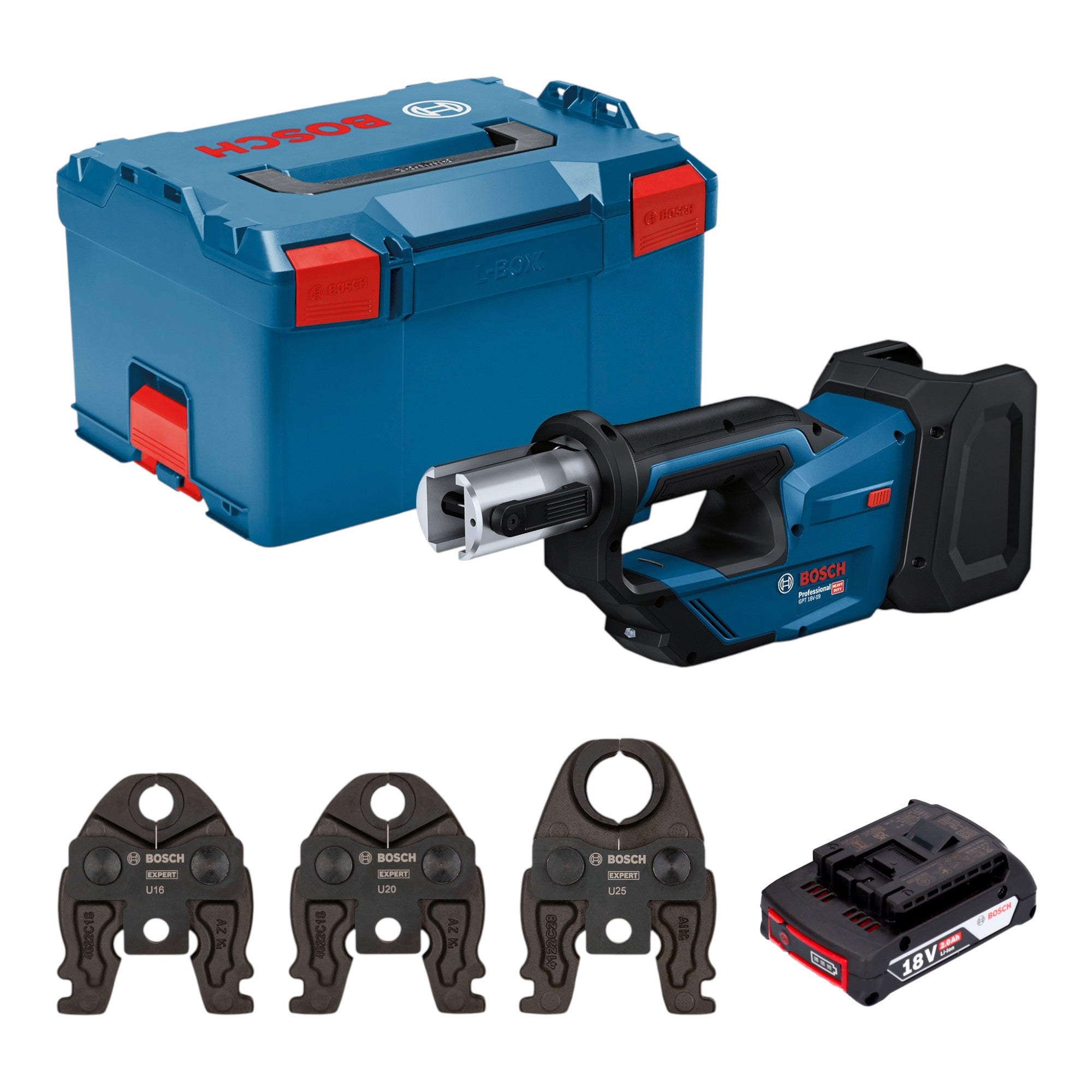 Bosch GPT 18V 19 Professional Akku Presswerkzeug 18 V 21 kN 1x Akku 2 0 Ah 3x Pressbacke L Boxx ohne Ladegeraet 0 - toolbrothers