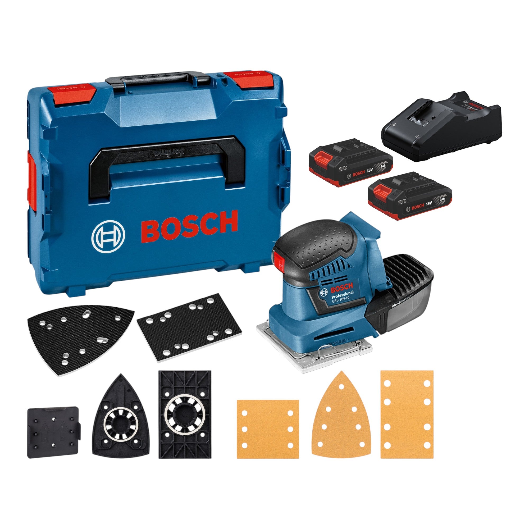 Bosch GSS 18V 10 Akku Schwingschleifer 18V 2x Akku 2 0 Ah Ladegeraet L Boxx 0 - toolbrothers
