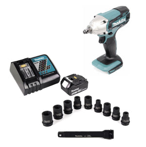 Makita DTW 190 RT1 18V Akku Schlagschrauber 190Nm 1/2" + 1x Akku 5,0Ah + Schnellladegerät + 9 tlg. Stecknuss-Set + Verlängerung 150mm