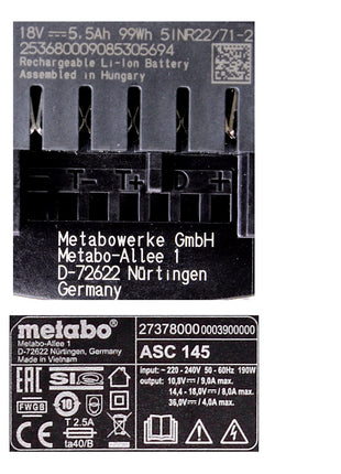 Metabo Akku Basis Set 18V mit 1x Akku LiHD 5,5Ah ( 625368000 ) + Ladegerät ASC 145 ( 627378000 ) - Toolbrothers