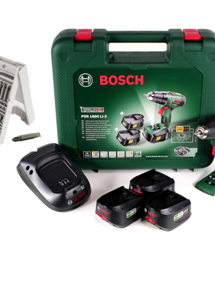 Bosch Heimwerker PSR 1800 Li-2 3X 18 V Akku Bohrschrauber + 26tlg. Bit Bohrer Set + 3 x Akku 1,5Ah + Ladegerät + Koffer - Toolbrothers