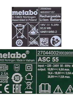 Metabo Akku Basis Set 18V mit 1x Akku 5,2Ah ( 625592000 ) + Ladegerät ASC 55 ( 627044000 ) - Toolbrothers