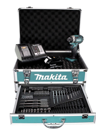 Llave de impacto a batería Makita DTD 152 STX4 18V 165Nm 1/4" + 1x batería 5.0Ah + cargador + set brocas 70 piezas + estuche