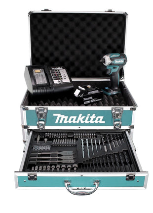 Makita DTD 171 SFX4 llave de impacto a batería 18 V 180 Nm 1/4" sin escobillas + 1x batería 3,0 Ah + cargador + juego de brocas de 70 piezas + estuche