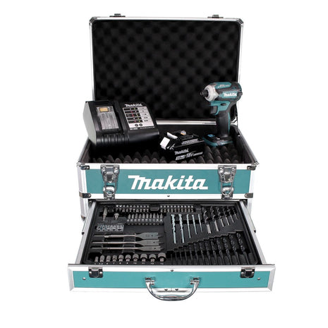 Makita DTD 171 SFX4 clé à chocs sans fil 18 V 180 Nm 1/4" sans balais + 1 batterie 3,0 Ah + chargeur + jeu de 70 forets + mallette