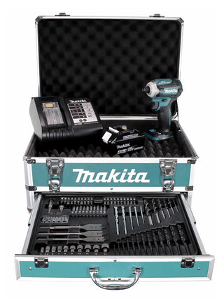 Makita DTD 171 SMX4 Akku Schlagschrauber 18 V 180 Nm 1/4" Brushless + 1x Akku 4,0 Ah + Ladegerät + 70 tlg. Bit Bohrer Set + Koffer