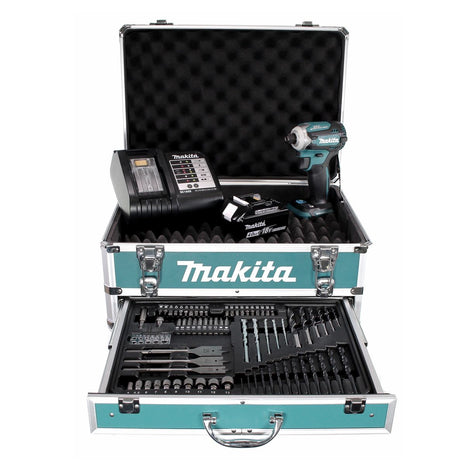 Makita DTD 171 SMX4 Akku Schlagschrauber 18 V 180 Nm 1/4" Brushless + 1x Akku 4,0 Ah + Ladegerät + 70 tlg. Bit Bohrer Set + Koffer