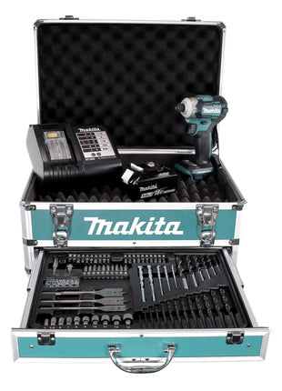 Clé à chocs sans fil Makita DTD 170 STX4 18V 175Nm sans balais + 1x batterie 5,0Ah + chargeur + 70 pièces. Coffret forets + coffret