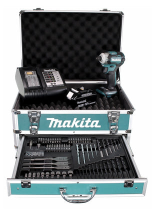 Clé à chocs sans fil Makita DTD 170 SGX4 18V 175Nm sans balais + 1x batterie 6,0Ah + chargeur + 70 pièces. Coffret forets + coffret