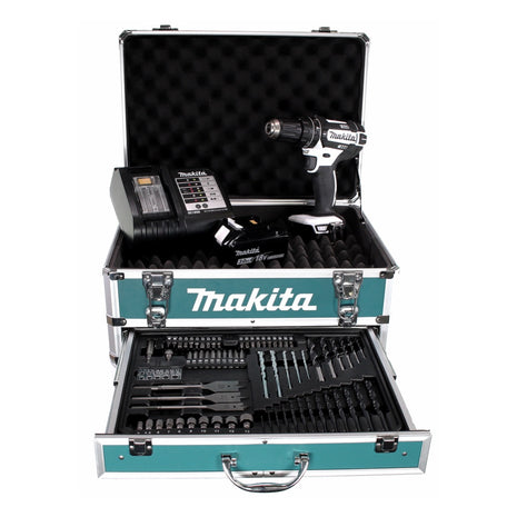 Makita DHP 482 W SFX4 Akku Schlagbohrschrauber 18V 62Nm + 1x Akku 3,0Ah + Ladegerät + 70tlg. Bit Bohrer Set + Koffer