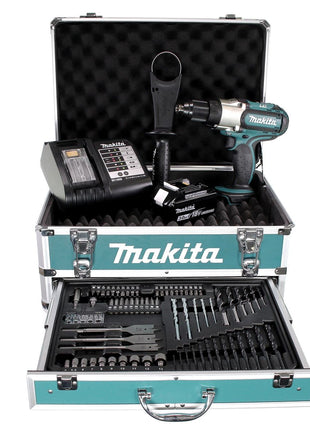 Taladro atornillador inalámbrico Makita DDF 451 SFX4 18 V 80 Nm + 1x batería 3,0 Ah + cargador + 70 piezas. Juego de brocas + estuche