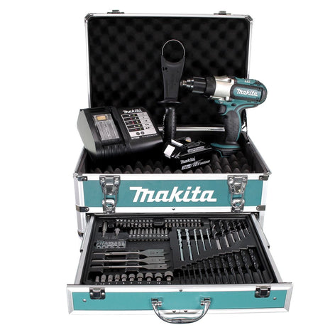 Makita DDF 451 SFX4 Akku Bohrschrauber 18 V 80Nm + 1x Akku 3,0Ah + Ladegerät + 70tlg. Bit Bohrer Set + Koffer