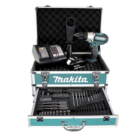 Taladro atornillador inalámbrico Makita DDF 451 SMX4 18 V 80 Nm + 1x batería 4,0 Ah + cargador + 70 piezas. Juego de brocas + estuche