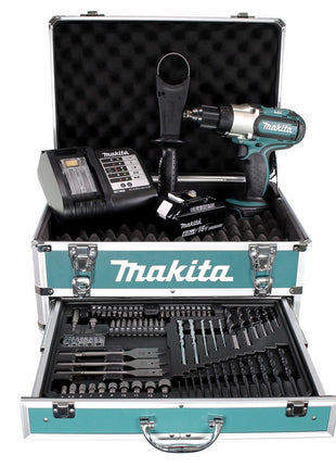 Taladro atornillador inalámbrico Makita DDF 451 SGX4 18 V 80 Nm + 1x batería 6,0 Ah + cargador + 70 piezas. Juego de brocas + estuche