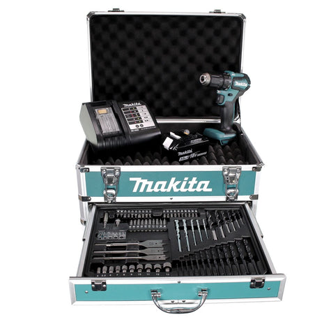 Makita DDF 483 SFX4 Akku Bohrschrauber 18 V 40Nm Brushless + 1x Akku 3,0Ah + Ladegerät + 70tlg. Bit Bohrer Set + Koffer