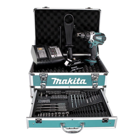 Makita DHP 458 SGX4 Akku Schlagbohrschrauber 18V 91Nm + 1x Akku 6,0Ah + Ladegerät + 70tlg. Bit Bohrer Set + Koffer