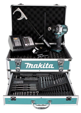 Taladro percutor inalámbrico Makita DHP 481 SMX4 18 V 115Nm + 1x batería 4,0Ah + cargador + 70 piezas. Juego de brocas + estuche