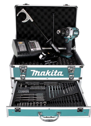 Taladro percutor inalámbrico Makita DHP 481 SGX4 18 V 115Nm + 1x batería 6,0Ah + cargador + 70 piezas. Juego de brocas + estuche