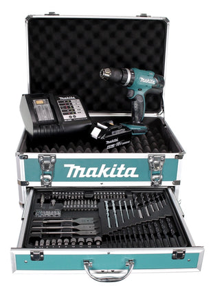 Taladro percutor inalámbrico Makita DHP 453 SMX4 18 V 42Nm + 1x batería 4,0Ah + cargador + 70 piezas. Juego de brocas + estuche