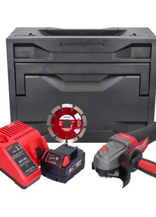 Amoladora angular a batería Milwaukee M18 CAG115XPDB-501M 18 V 115 mm sin escobillas + 1x batería 5,0 Ah + cargador + disco de corte + M-Box