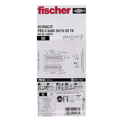 Fischer ULTRACUT FBS II Betonschraube 8x80mm 30/15 100 Stk. Sechskantkopf SW13 U-Scheibe TX40 galvanisch verzinkt ( 536853 )