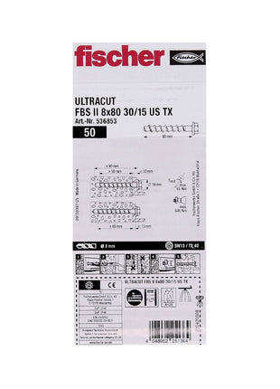 Fischer ULTRACUT FBS II Betonschraube 8x80mm 30/15 200 Stk. Sechskantkopf SW13 U-Scheibe TX40 galvanisch verzinkt ( 536853 ) + Stahl Beton Bohrer SDS-Plus 10x215 ( B-58213 )