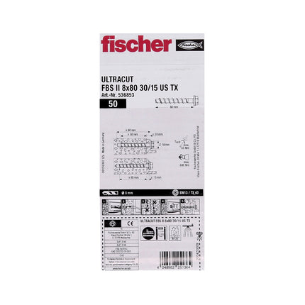 Fischer ULTRACUT FBS II Betonschraube 8x80mm 30/15 200 Stk. Sechskantkopf SW13 U-Scheibe TX40 galvanisch verzinkt ( 536853 ) + Stahl Beton Bohrer SDS-Plus 10x215 ( B-58213 )