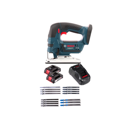 Bosch GST 18 V-LI S Akku Stichsäge 18V + Stichsägeblatt Set 15tlg. + 2 x Akku 2,0Ah + L-Boxx + Ladegerät