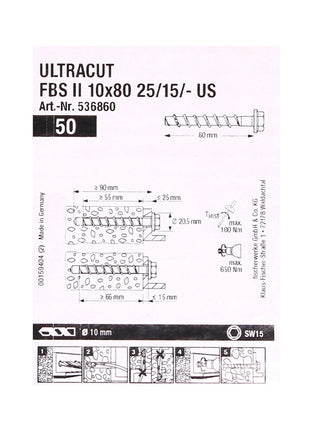 Fischer tornillos para hormigón ULTRACUT FBS II 10x80mm 25/15/- 100 piezas cabeza hexagonal SW15 (2x 536860)