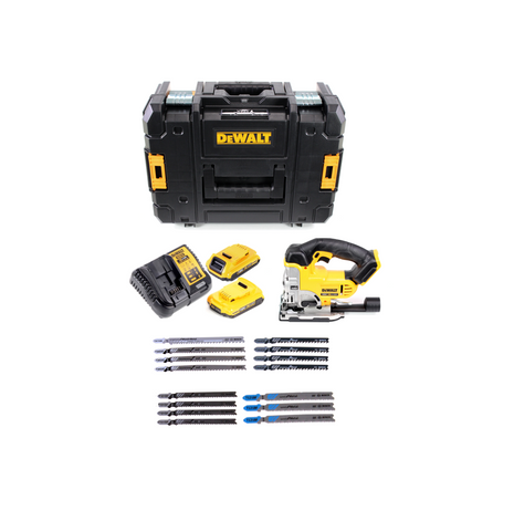 Scie sauteuse sans fil DeWalt DCS 331 N + 2 batteries 2 Ah + chargeur + jeu de lames de scie sauteuse Bosch + TSTAK