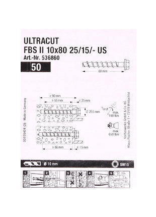 Fischer ULTRACUT FBS II Betonschrauben 10x80mm 25/15/- 200 Stk. Sechskantkopf SW15 ( 553687 )