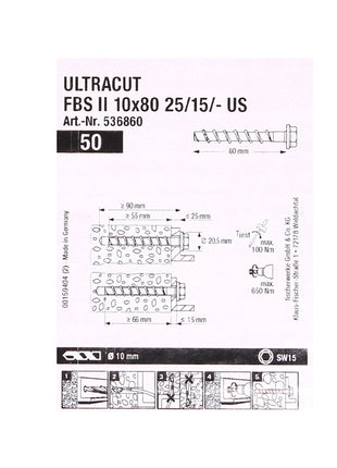 Fischer tornillos para hormigón ULTRACUT FBS II 10x80mm 25/15/- 50 piezas cabeza hexagonal SW15 (536860) + Makita NEMESIS 2 SDS-Plus 10x215mm (B-58213)