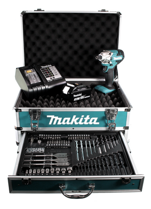 Makita DTD 156 SF1X4 Akku Schlagschrauber 18V 155Nm + 1x Akku 3,0Ah + Ladegerät + 70 tlg. Bit Bohrer Set + Alu Werkzeug Schubladen Koffer X4 mit Universaleinlage