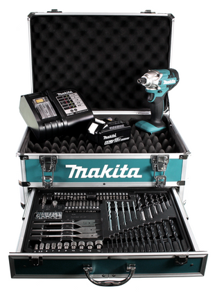 Makita DTD 156 SG1X4 Akku Schlagschrauber 18V 155Nm + 1x Akku 6,0Ah + Ladegerät + 70 tlg. Bit Bohrer Set + Alu Werkzeug Schubladen Koffer X4 mit Universaleinlage