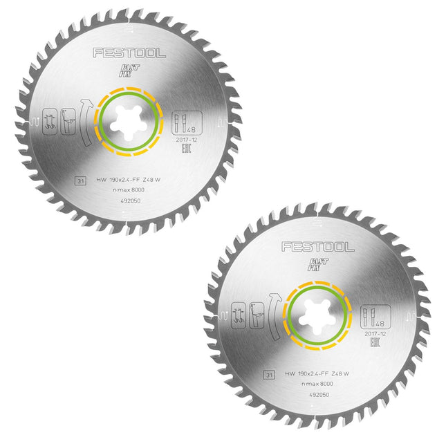 Festool 2x Feinzahn Kreissägeblatt HW 190 x 2,4 mm xFF W48 190 mm 48 Zähne FastFix ( 2x 492050 ) - Toolbrothers