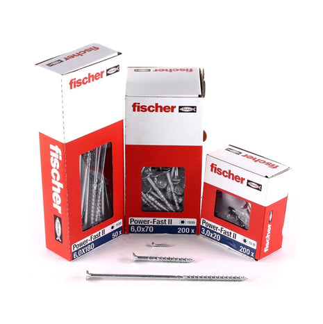 Fischer Power-Fast II FPF II Vis à bois aggloméré 6,0x260 mm,  25 pcs., tête fraisée, empreinte Torx, filetage partiel, zingué et passivé bleu ( 670470 )