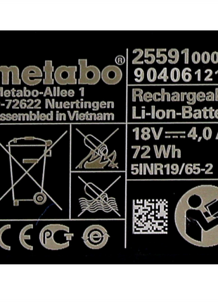 Metabo Set de batterie : 2x Batteries Li-Power 4,0 Ah 18 V CAS Li-Ion - indicateur de capacité de charge (2x 625591000)