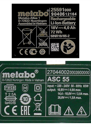 Set básico Metabo 1x batería Li-Power 18 V 4,0 Ah CAS Li-Ion (625591000) + cargador ASC 55 (627044000)