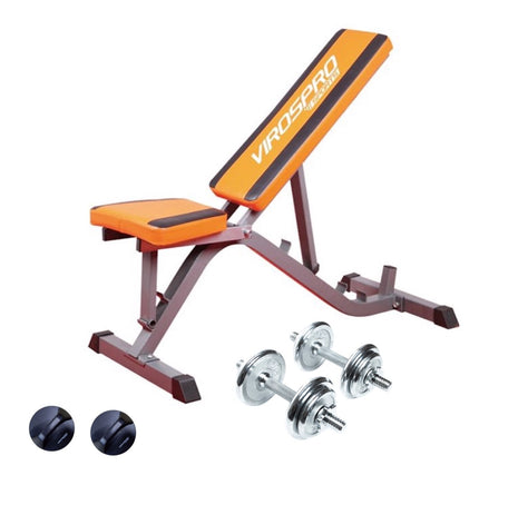 VirosPro Banco de pesas deportivo/banco de entrenamiento set de entrenamiento en casa + mancuernas 2x 10kg de hierro fundido + 2x manijas para flexiones