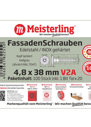 Meisterling Fassadenschrauben 4,8x38 mm 100 Stück ( 010020000221 ) 12 mm Flachkopf hellgrau mit Torx Teilgewinde V2A Edelstahl