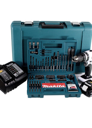 Makita DHP 453 SFTK W Taladro percutor inalámbrico 18 V 42Nm + 1x batería 3.0Ah + cargador + juego de brocas de 100 piezas + estuche