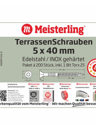 Meisterling Terrassenschrauben 5x40 mm 200 Stück ( 010010000001 ) CUT Spitze 90° Linsen Senkkopf mit Torx 2/3 Grobgewinde VA Edelstahl